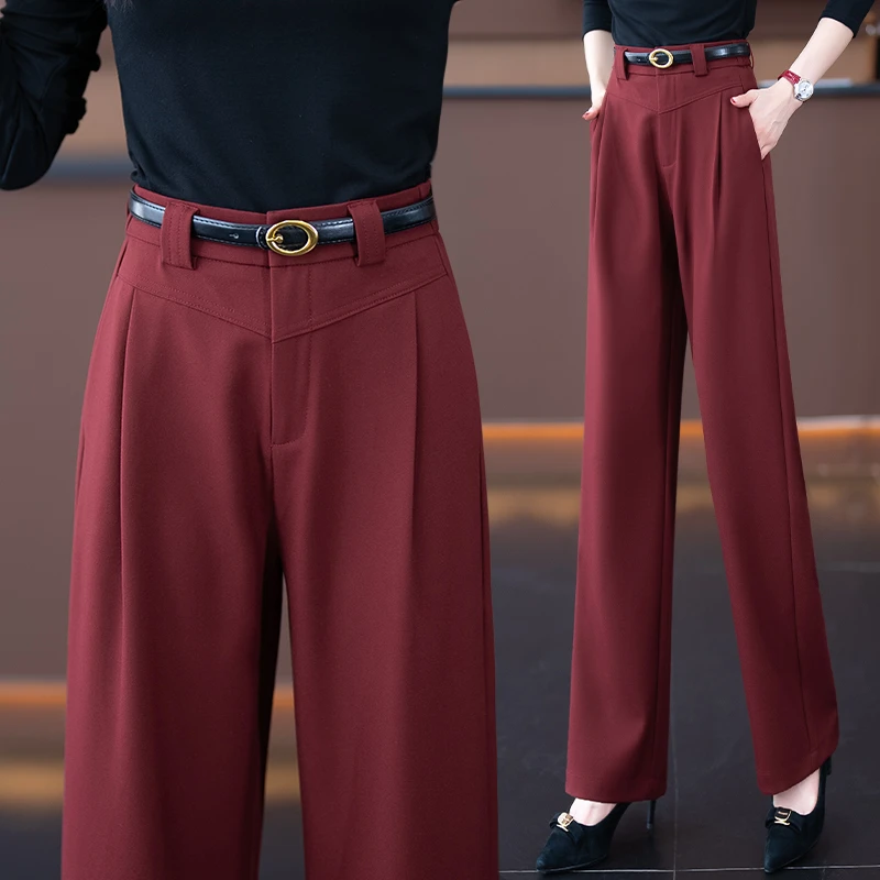 安可拉红醋酸天丝棉直筒西装裤女春秋新款2025高腰垂感休闲阔腿裤