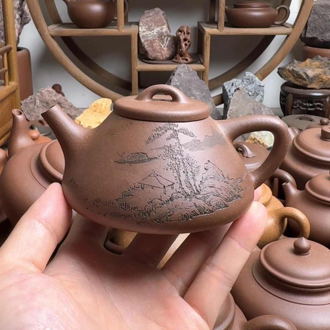 茶壶紫砂子冶石瓢200cc台西嫩底槽清刻绘