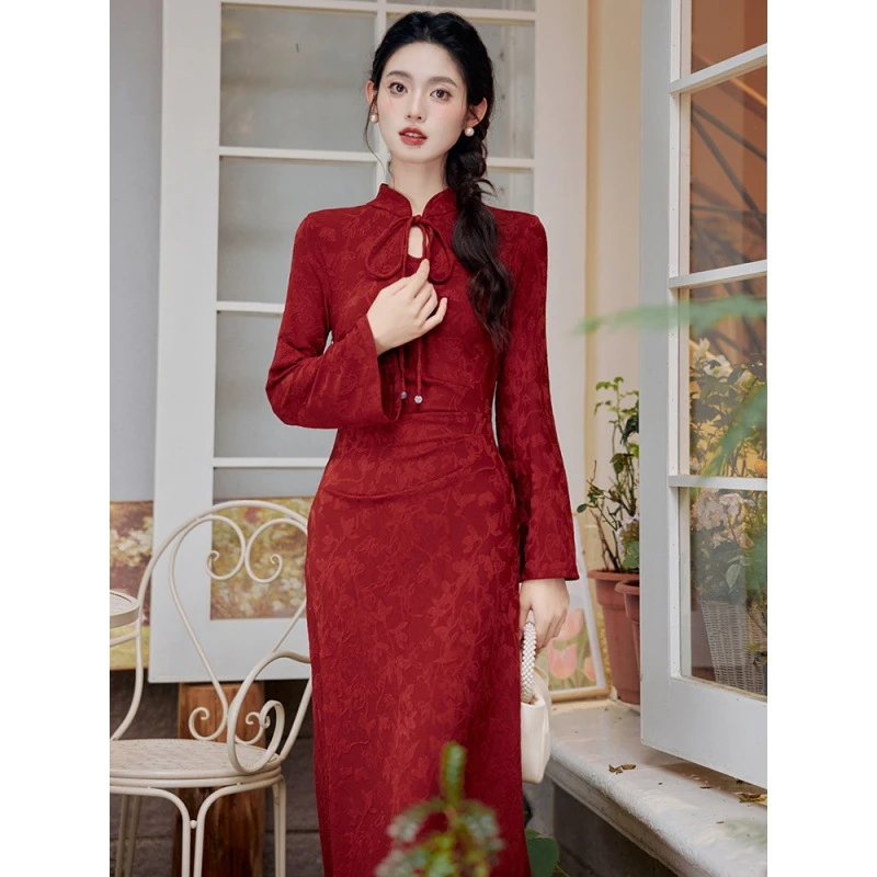 新中式晨袍女敬酒服新娘结婚便装红色订婚礼服国风改良旗袍连衣裙