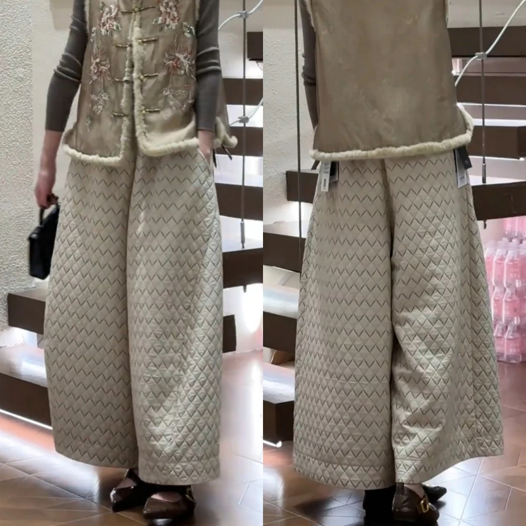 景倩妮时尚复古气质夹棉休闲裤2025年冬季新款厚款显瘦宽松阔腿裤