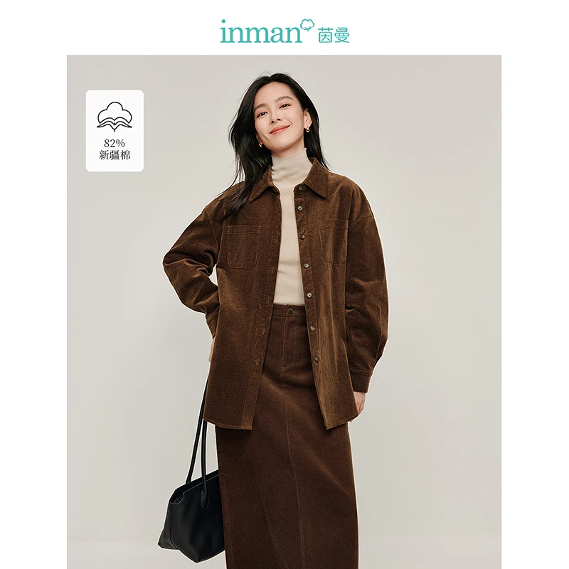 【浪漫情人节】茵曼冬季再生纤维棉灯芯绒衬衫复古坑条宽松百搭上衣