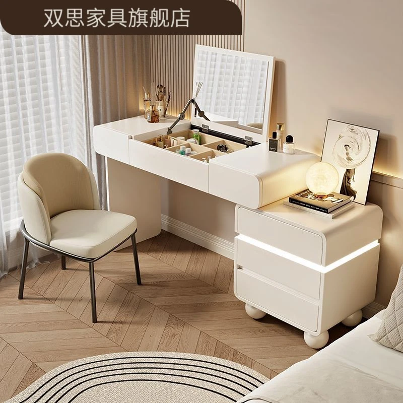 卧室梳妆台镜子隐翻盖式斗柜一体奶油风新款镜实木可伸缩化妆桌
