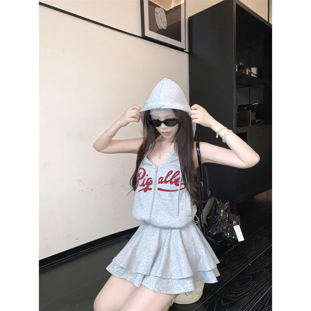 美式复古夏2025新款拉链连帽运动背心无袖上衣显瘦半身裙两件套装