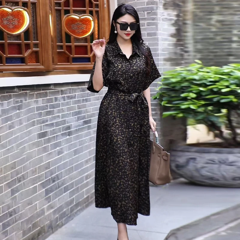 洋气豹纹衬衫裙夏季新款原创大码连衣裙文艺复古夏季新款过膝长裙