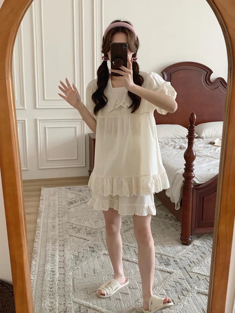 纯棉夏季短袖短裤睡衣女甜美蕾丝花边公主风家居服