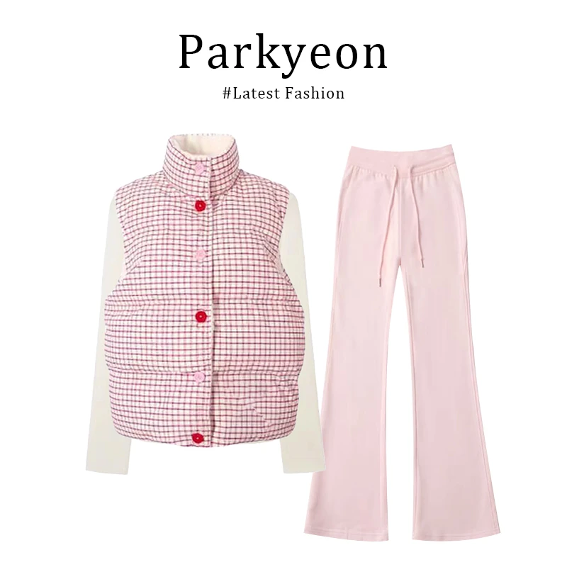 parkyeon日系粉色叠穿格子马甲棉服外套加绒休闲裤两件套装女秋冬
