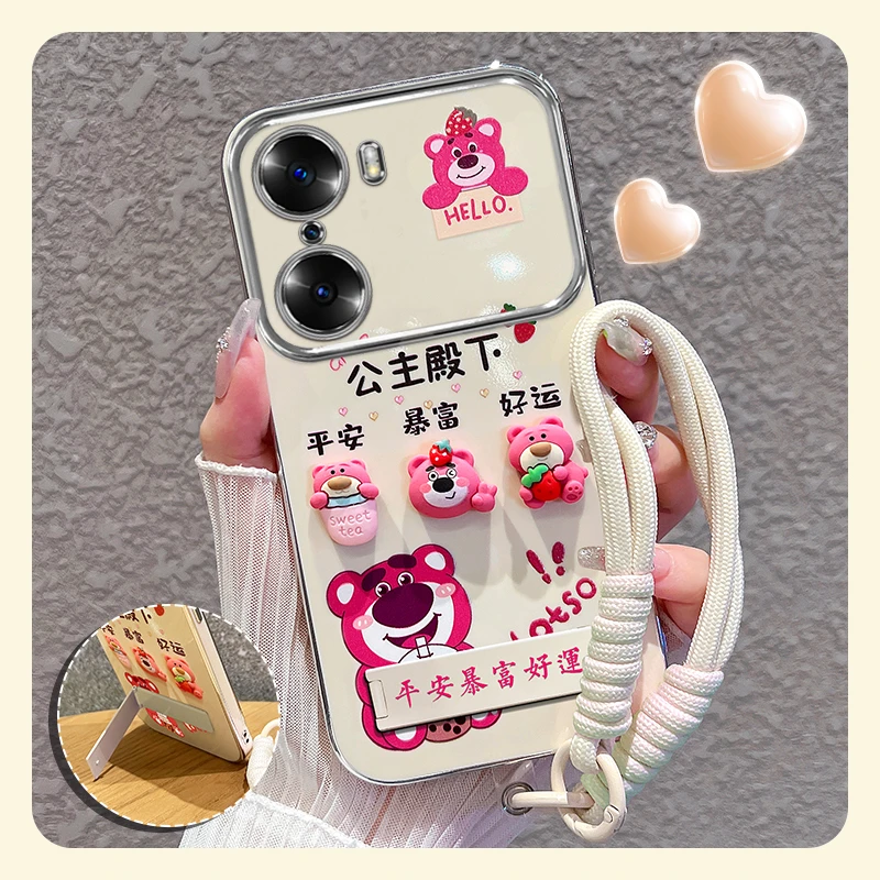 适用【荣耀60/pro】手机壳粉色草莓熊大视窗折叠支架硅胶防摔女可爱