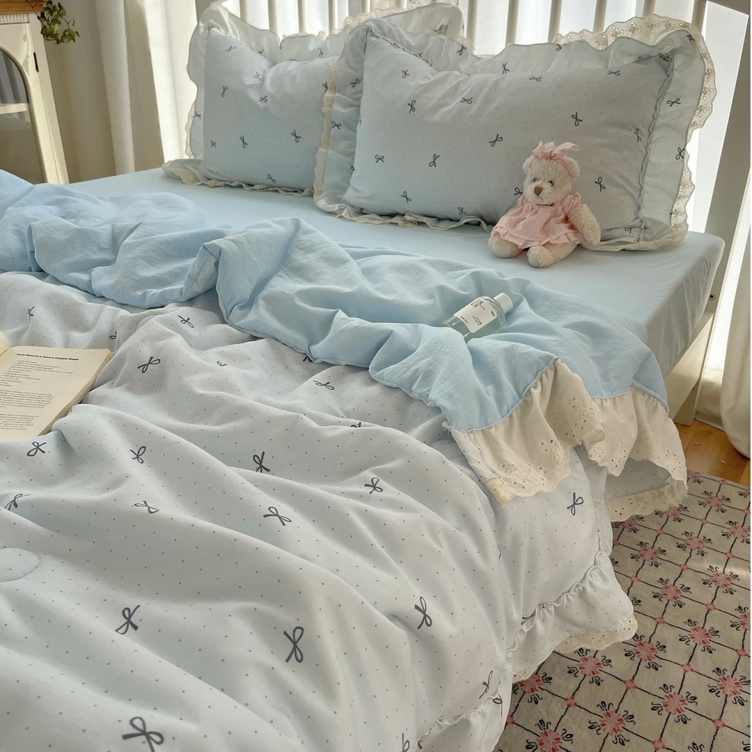 Heart Island【海盐蓝结】韩系夏凉被双层蕾丝花边裸睡超柔软空调被