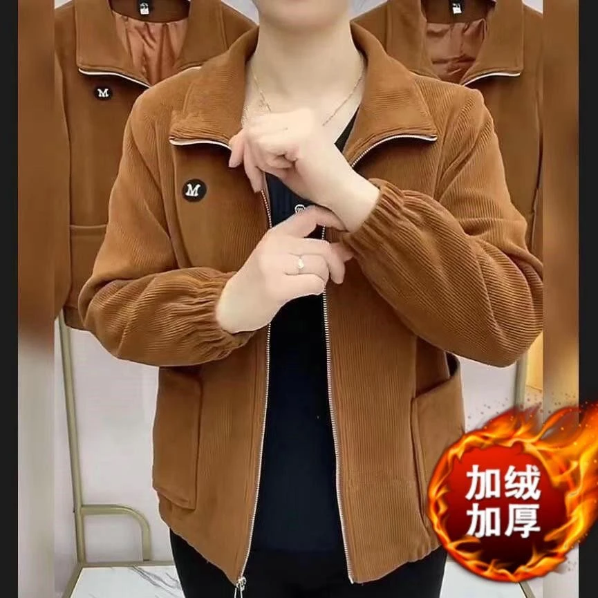 2025春秋新款妈妈灯芯绒外套女宽长袖大码宽松拉链衫春季纯色上衣