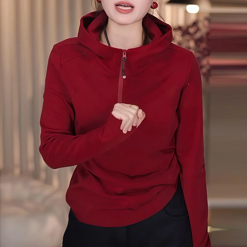 半拉链连帽长袖卫衣女士秋季新款时髦减龄休闲运动内搭打底衫上衣