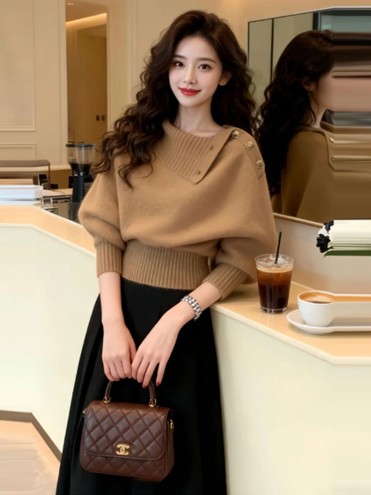 气氛感轻熟淡人高知女人味穿搭翻领套头针织衫巨好看棕色针织上衣