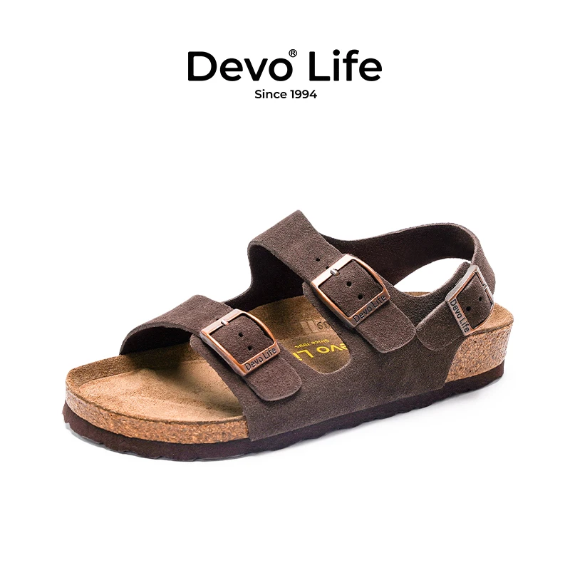 Devo/的沃勃肯鞋女款软木鞋平跟搭扣时尚反绒夏季潮流凉鞋2627
