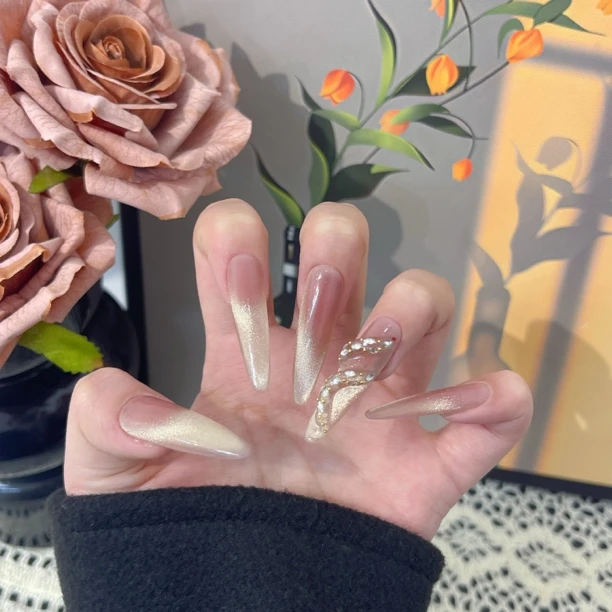 【香槟灵蛇】-安诺手工穿戴甲爆闪气质蛇年美甲长甲-送工具包