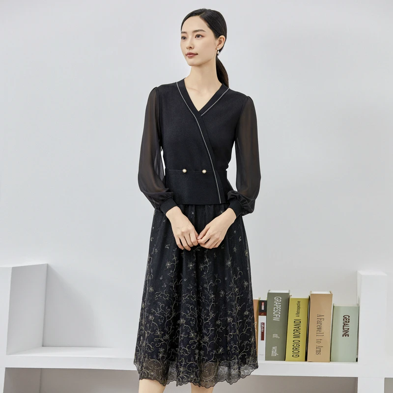 娜尔思黑色V领简约通勤假两件连衣裙女早秋NF08532W0