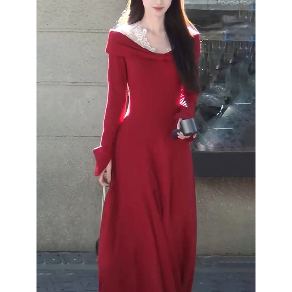 高级感时尚气质纯色连衣裙女2025冬季新款甜辣设计感收腰修身长裙