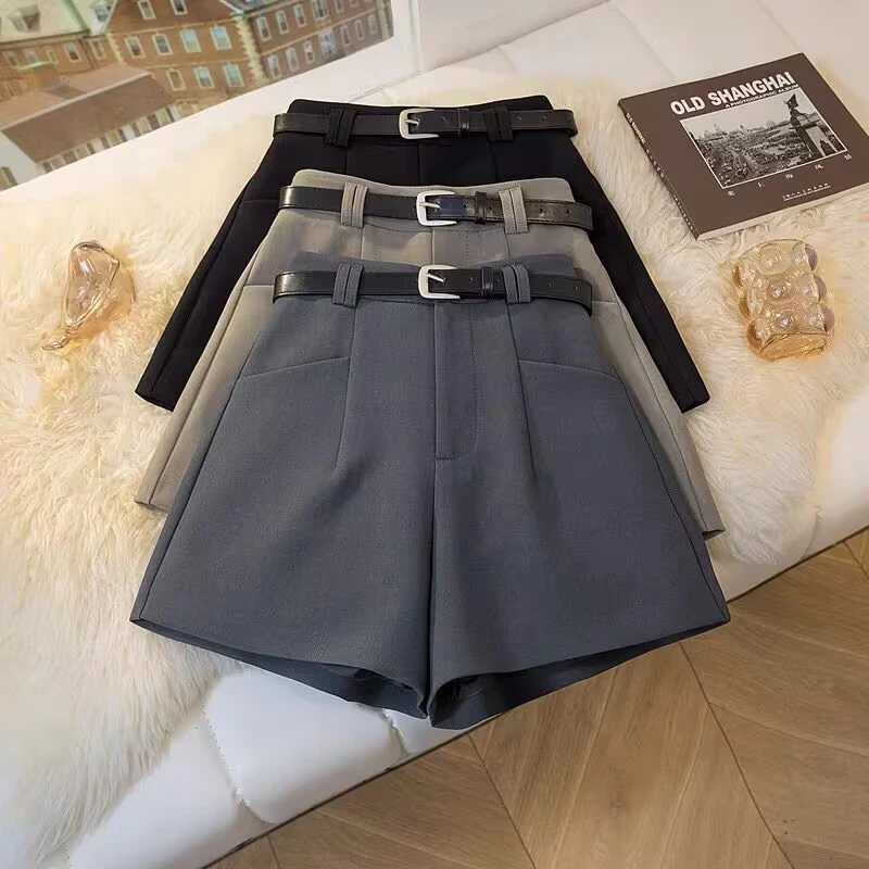 春夏新款OL西装短裤女时尚休闲高腰显瘦a字阔腿裤百搭靴裤配腰带