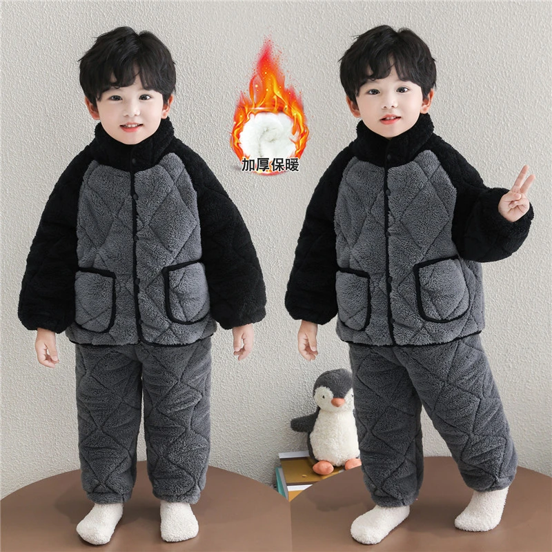 冬季男童睡衣三层夹棉加厚保暖儿童宝宝加绒居家大棉袄家居服省服