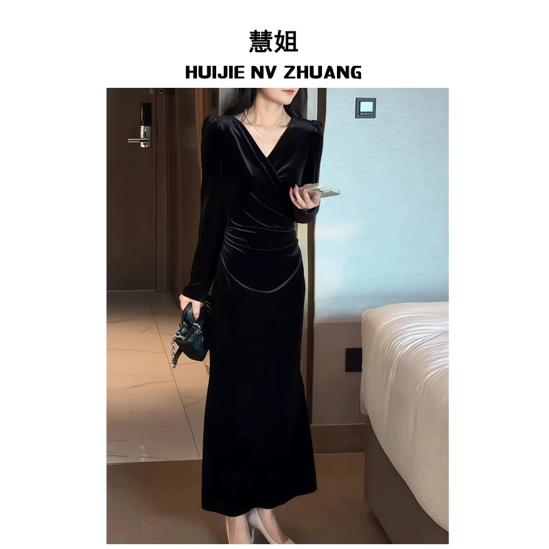 【醋酸丝绒连衣裙】女秋季2025新款时尚修身显瘦高级优雅轻奢长裙1