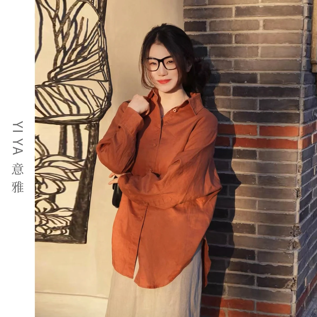 YIYA意雅 100%亚麻时尚百搭宽松网红单排扣袖抽褶落肩休闲衬衣