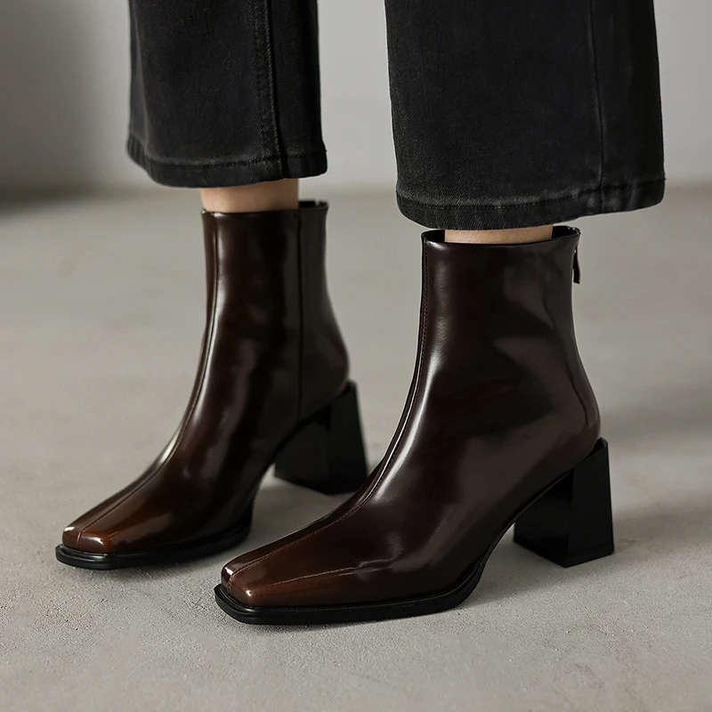 法式高跟短靴女秋冬加绒2025新款真皮靴子马丁靴粗跟裸靴切尔西靴