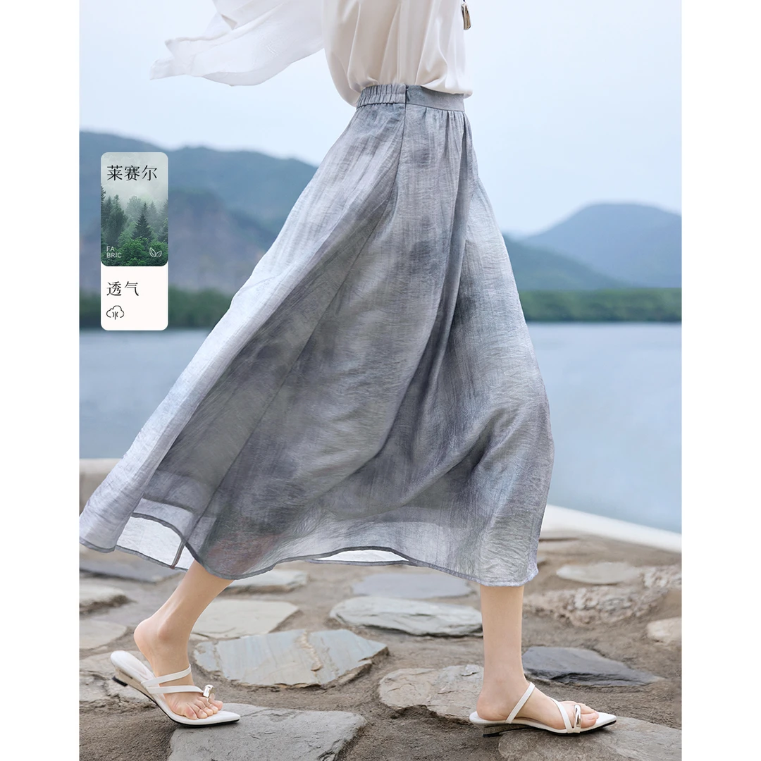 XWI/欣未25夏水墨繁花遇见浪漫渐变透气轻薄A型中长伞裙半裙2579