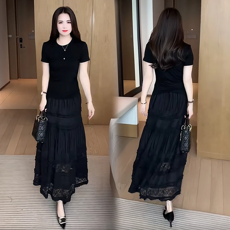 连衣裙套装女2025夏季新款简约短袖冰丝T恤+蕾丝半身裙显瘦两件套