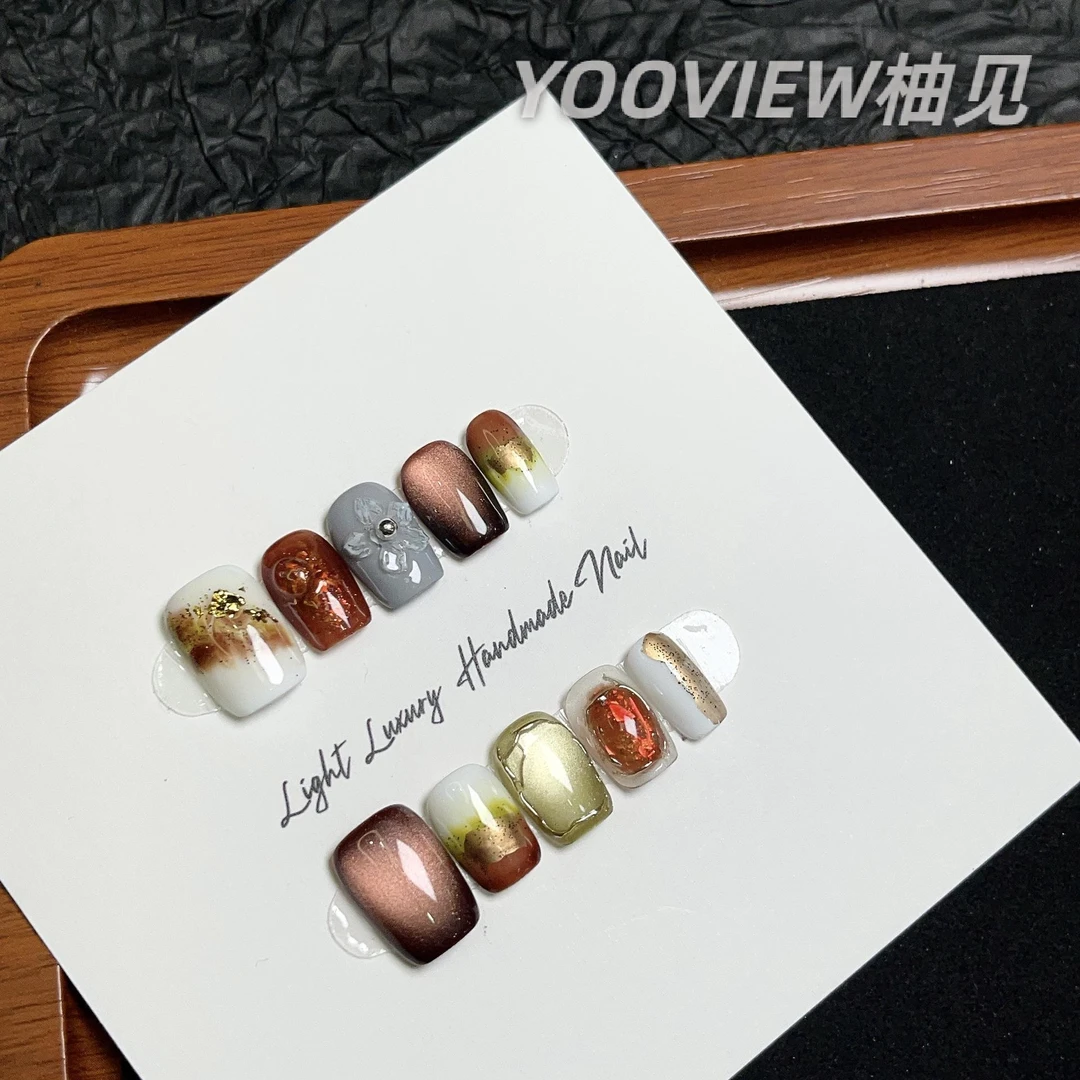 高级感穿戴甲美甲【安艺精品】玻璃珠晶石猫眼INS风立体花瓣纯手工