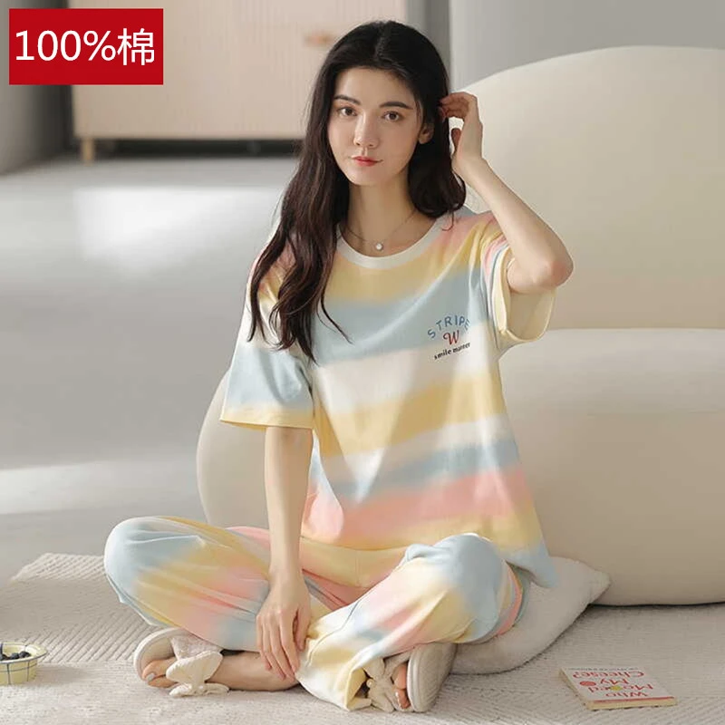 100%纯棉睡衣女春夏季短袖长裤薄款韩版可爱彩虹撞色家居服套装