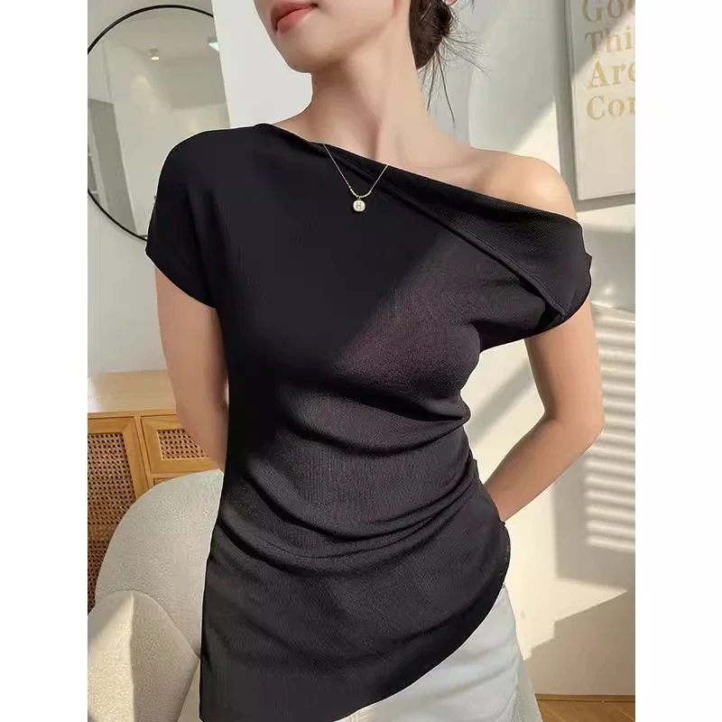 黑色一字肩针织打底衫短袖t恤女春夏2025年新款显瘦时尚内搭上衣