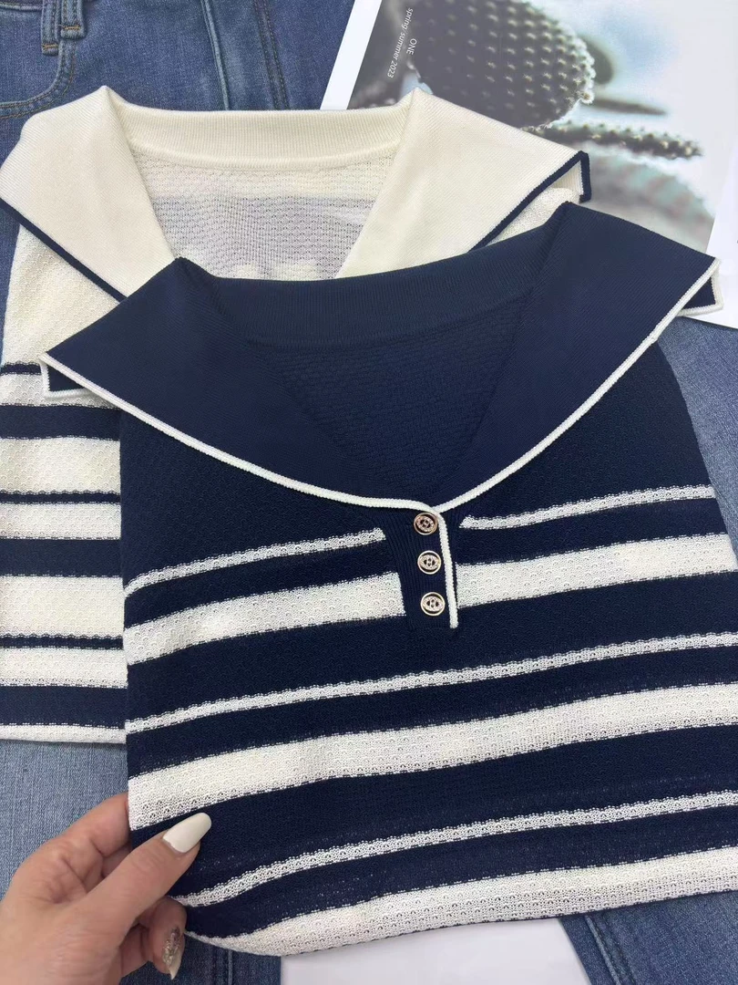 （海军风）玉姐家海军领减龄条纹娃娃领长袖上衣 新选f1051
