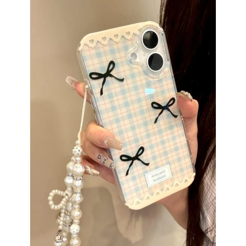 奥菲顿ins蕾丝格子蝴蝶结适用iPhone16手机壳华为vivo小米15oppo