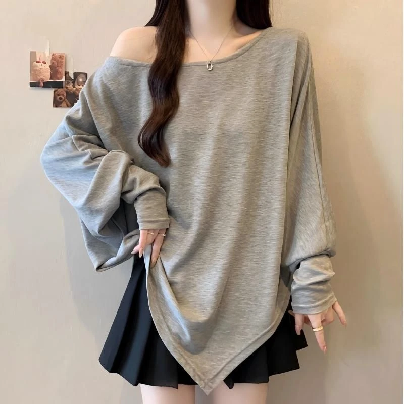 简约风纯色蝙蝠袖t恤女2025秋季新款宽松显瘦内搭打底长袖上衣ins