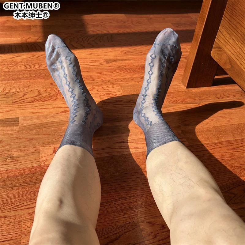 单底全锦纶松口不卷边菱形提花男士铁灰轻薄透气纯色商务正装丝袜