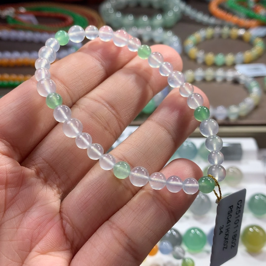 翡翠未镶嵌手链高冰玻白刚幻彩单圈卡4.9~6
