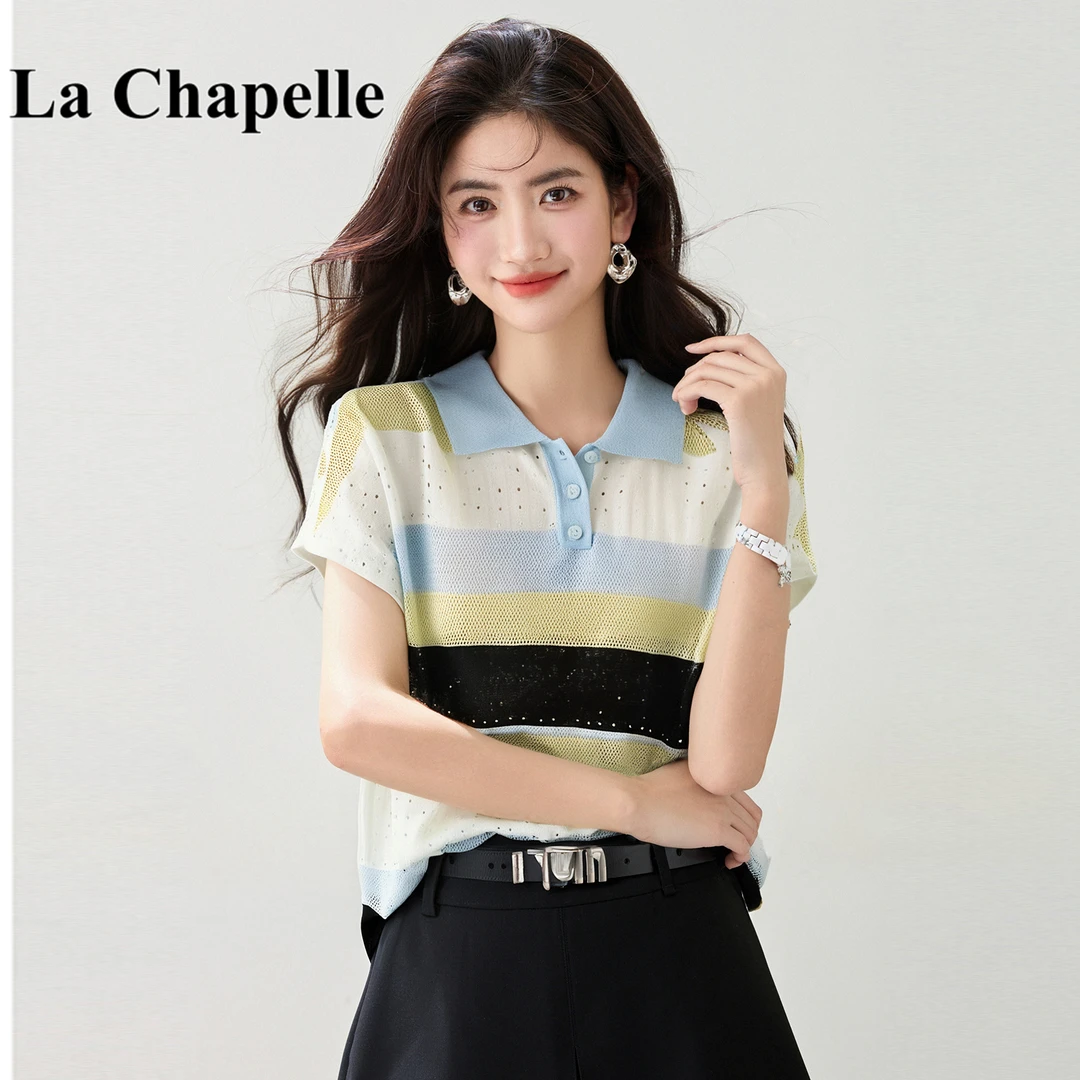 拉夏贝尔翻领镂空透气通勤时尚小众设计感撞色条纹针织衫短袖女薄