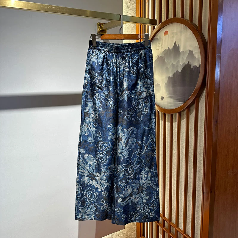 唐一【青花瓷】2025春夏新款设计感新中式国风高腰松紧阔腿直筒裤