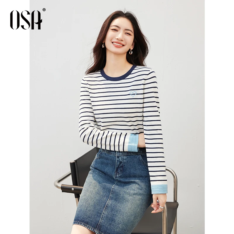 OSA/欧莎 经典海魂风条纹长袖女休闲宽松打底衫上衣S125C16003