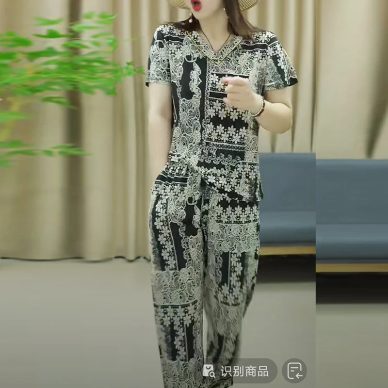 短袖女夏季2025新款上衣加裤子妈宽松整套印花V领宽松透气两件套
