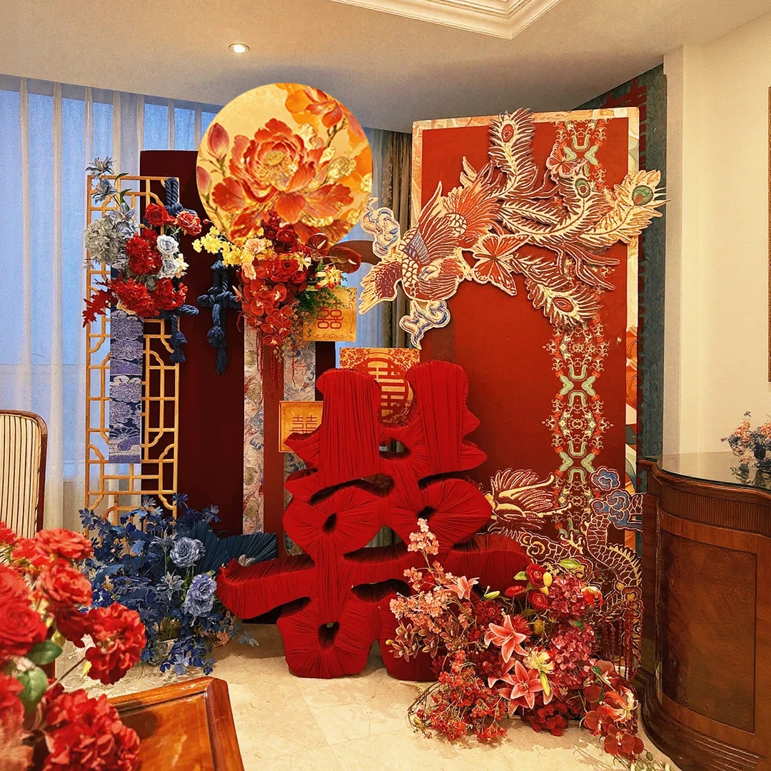 新中式婚房布置装饰背景板路引龙凤农村院子红色高级卧室kt板定制