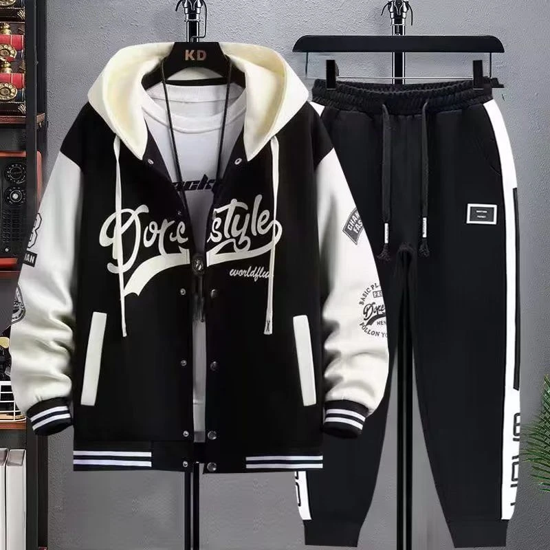 春秋季连帽外套男宽松加肥加大码潮流棒球服帅气百搭夹克休闲套装