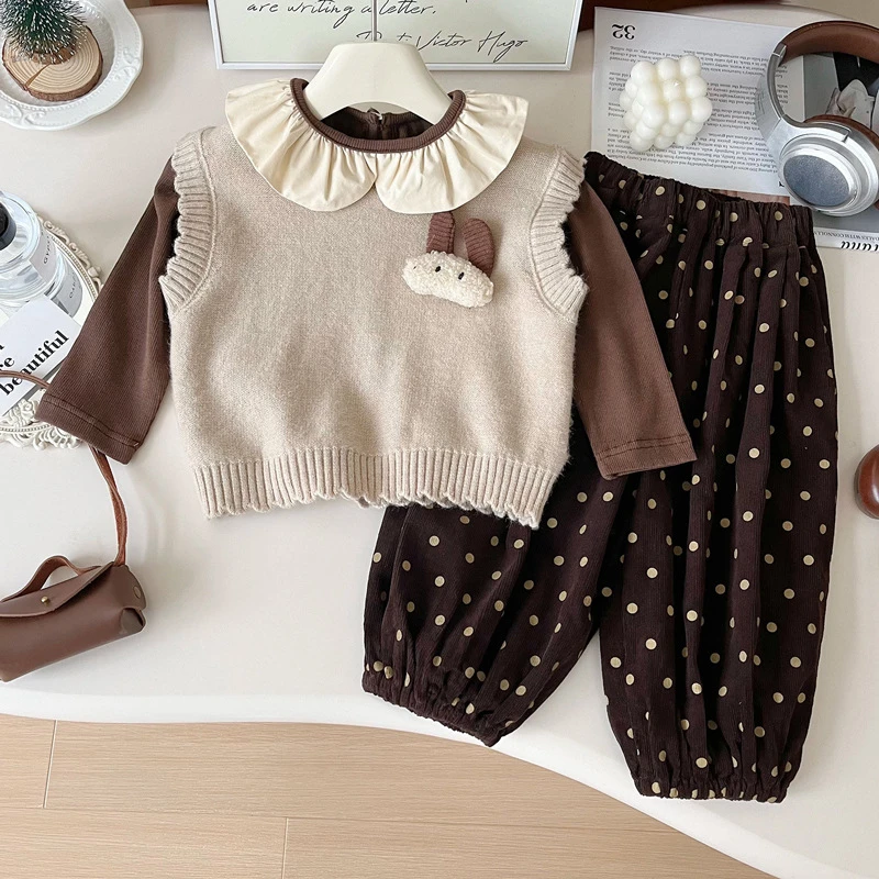 女童春季长裤套装2025新款洋气女孩毛线马甲打底衫束脚裤三件套潮