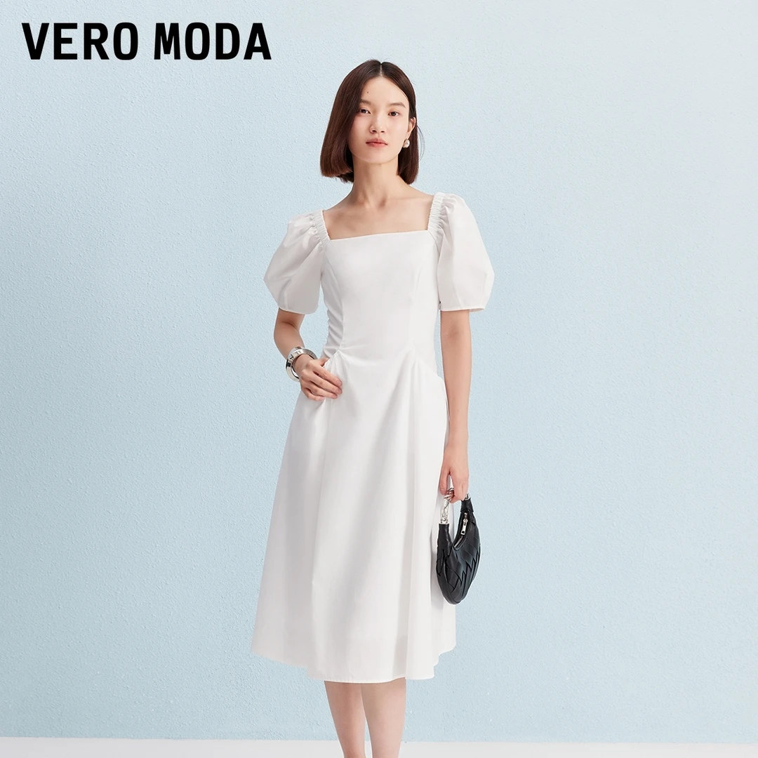 Vero Moda连衣裙2025夏季新款方领含棉泡泡袖收腰A字裙32537B001