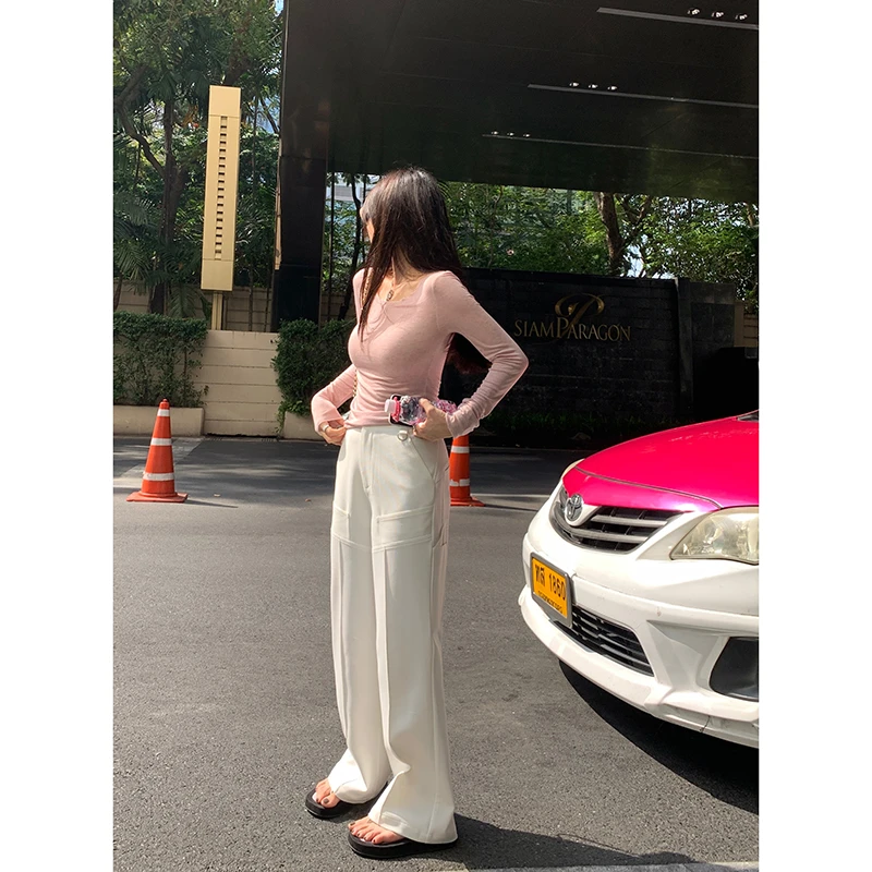 EKOOL极简休闲~早春黑色工装裤女高腰百搭显瘦西装休闲裤C4030526