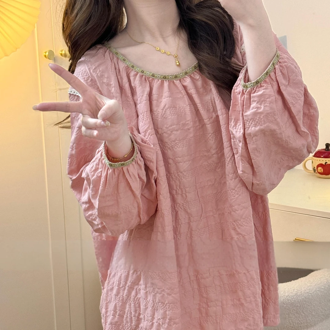 【桃之夭夭】春秋新款国风提花云朵棉少女睡衣套装家居服可外穿