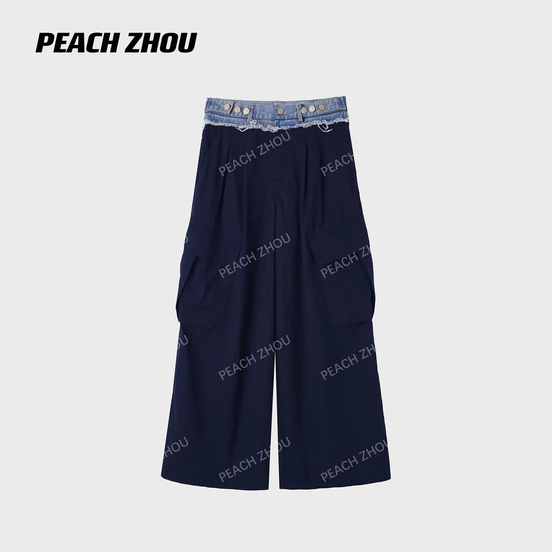 『PEACHZHOU』大口袋拼接牛仔可调节腰头宽松直筒休闲裤阔腿长裤