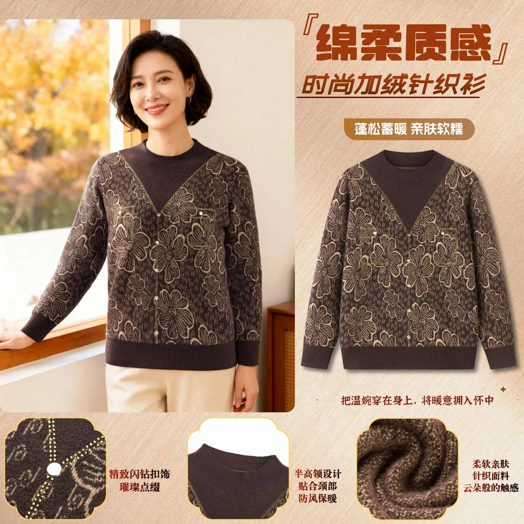 加肥加大码针织秋冬新款时尚中老年妈妈上衣