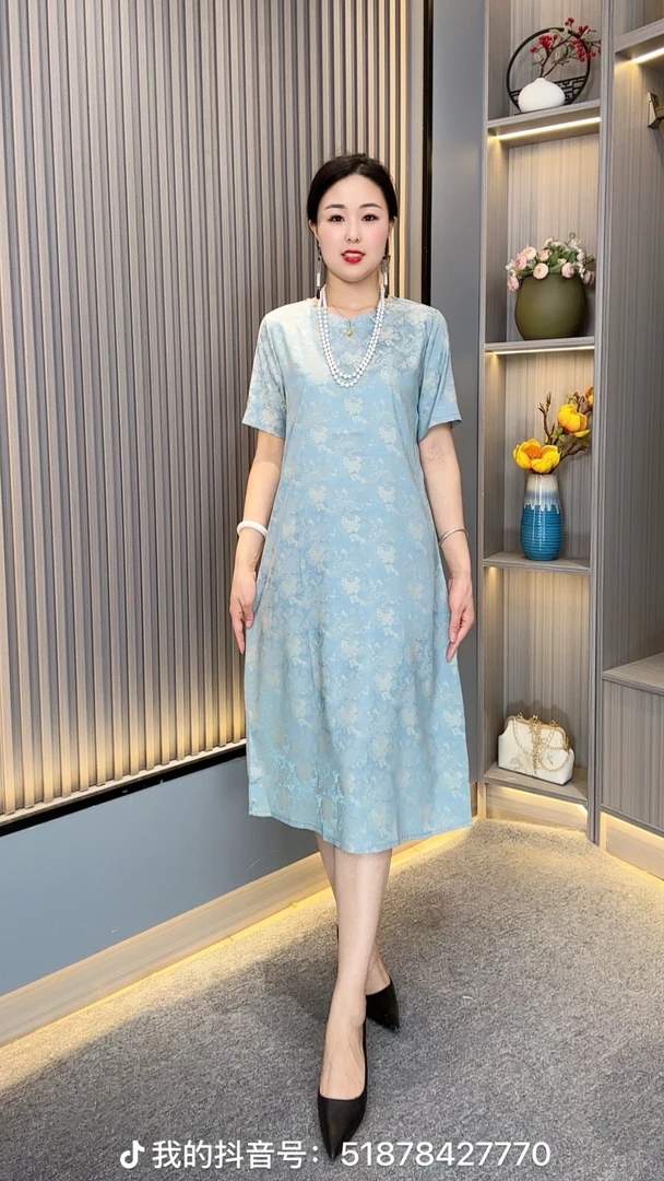 如画YJ2013碎花时尚妈妈装气质V领复古中长款连衣裙