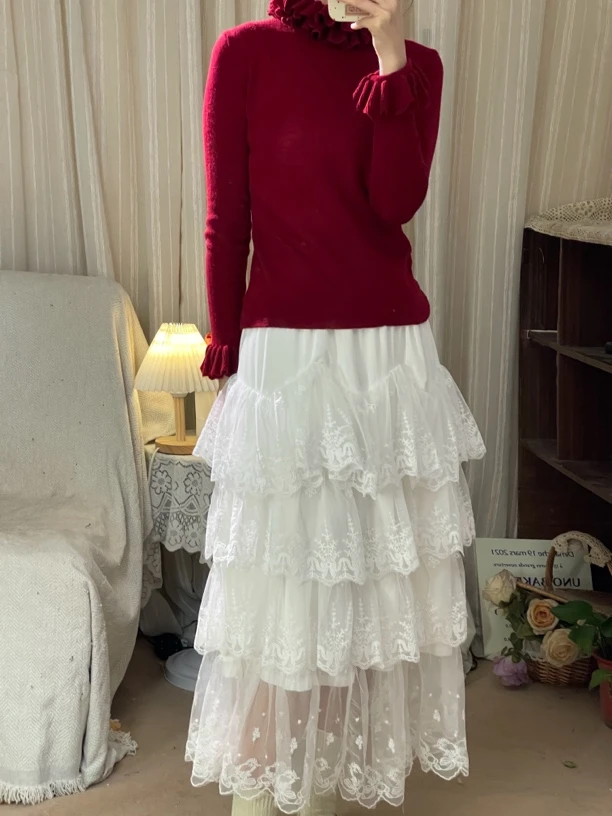 CHEN｜【重工蛋糕裙】重磅蕾丝有里衬薄绒半身裙松紧腰