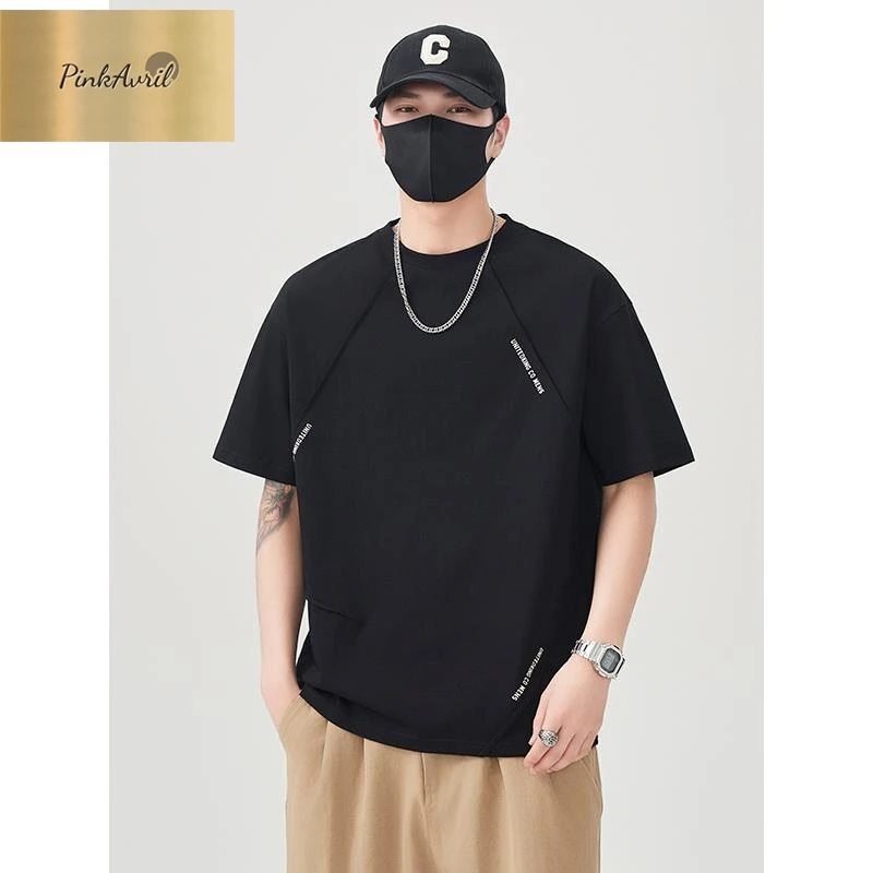 PinkAvril夏季圆领短袖冰感消臭T恤美式男装学院风珠片百搭休闲