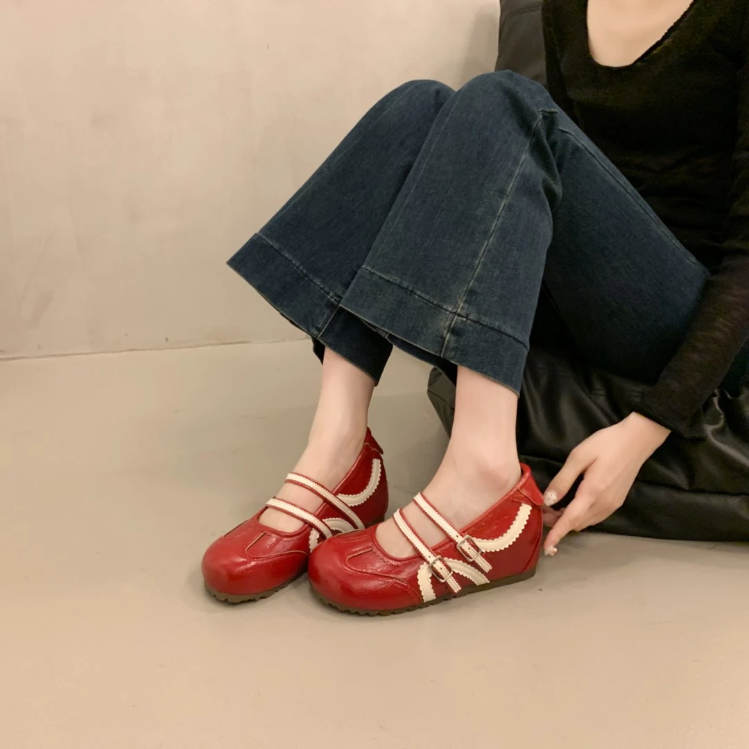 6cm内增高2025新款芭蕾风花边双扣带小众圆头小个子百搭玛丽珍鞋